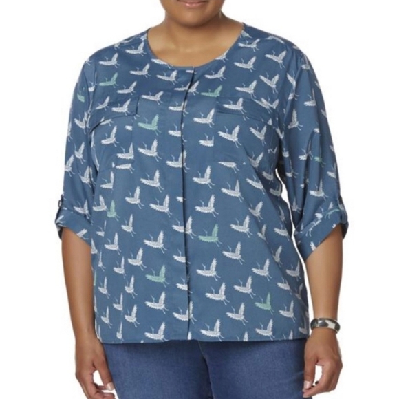 2/$30 Laura Scott1X Novelty Crane Bird All Over Print Roll Tab 3/4 Sleeve - Picture 1 of 15